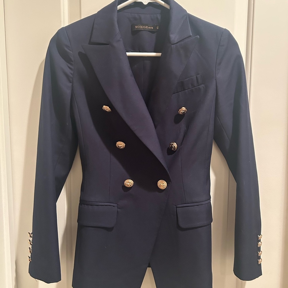 Women’s Navy Double-Breasted Blazer with Gold Buttons by Moxgie XS - Picture 2 of 7